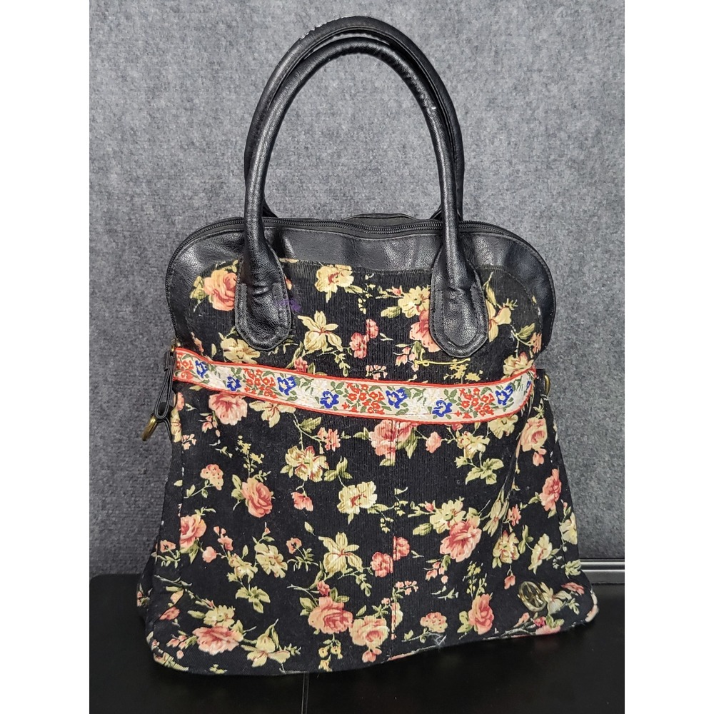 Vintage Floral Corduroy Satchel Purse Women Black Peace Sign Handbag Cottagecore